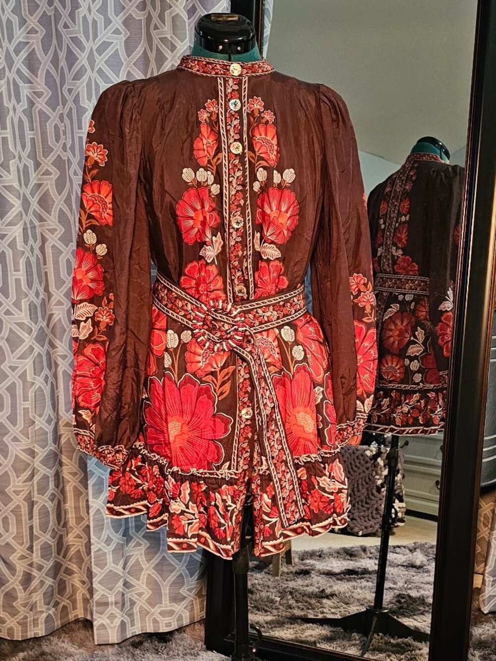 FARM Rio Gigi Tapestry Brown Button‑Front Mini Dress w/ Original Statement Belt - Picture 2 of 7